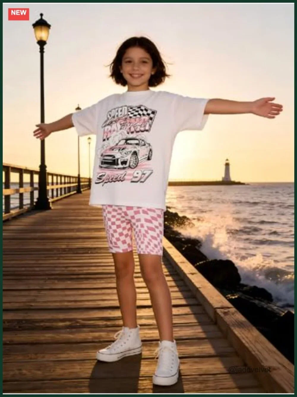 Girls 2 Piece Summer Outfit Car Print T-Shirt & Plaid Shorts Set